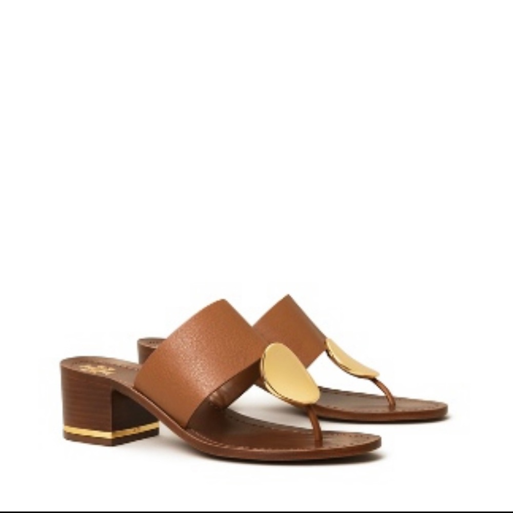 Tory Burch Patos Disk Leather Thong Sandal with Blocked Heel- size 10